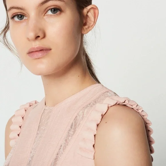 NWOT Sandro Paris Lace Inset Ruffle Dress in Blush FR 36; US 2-4 / Small - Picture 4 of 16